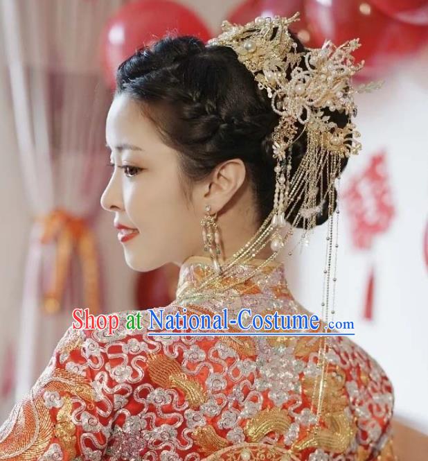 Chinese XiuHe Headpieces Handmade Wedding Hair Accessories Ancient Bride Hair Crown Classical Golden Phoenix Coronet