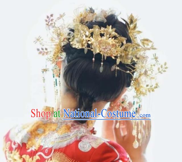 Chinese XiuHe Headpieces Handmade Wedding Hair Accessories Ancient Bride Hair Crown Classical Golden Phoenix Coronet