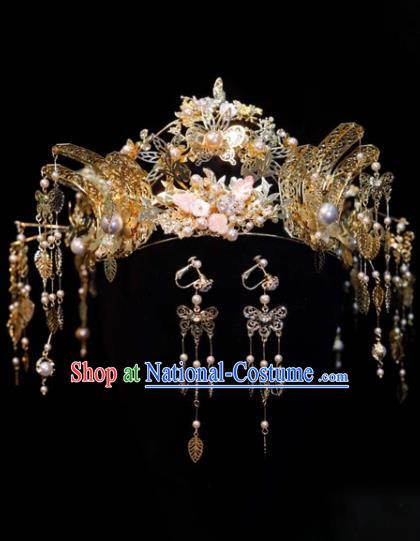 Chinese XiuHe Headpieces Handmade Wedding Hair Accessories Ancient Bride Hair Crown Classical Golden Phoenix Coronet