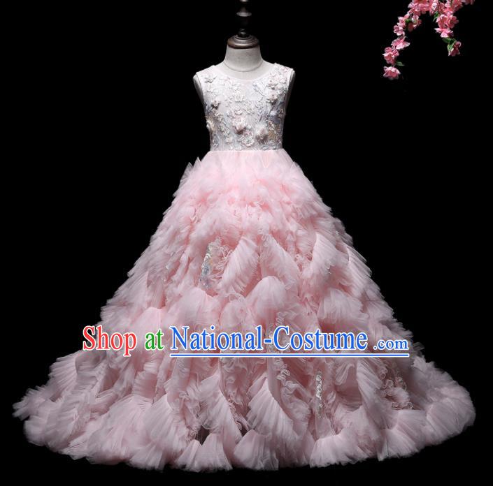 Top Children Stage Show Formal Clothing Catwalks Pink Veil Trailing Evening Dress Girl Princess Fashion Garment