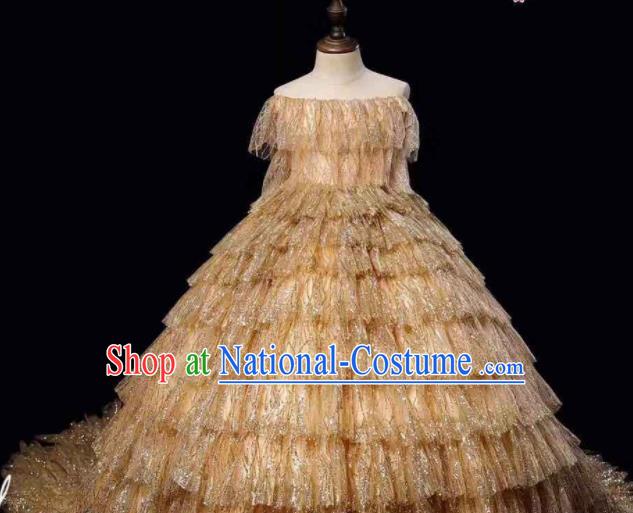 Top Girl Princess Off Shoulder Fashion Garment Children Stage Show Formal Clothing Catwalks Golden Trailing Evening Dress