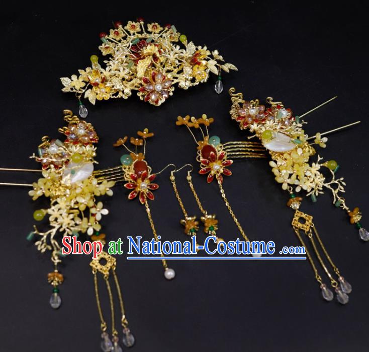 Chinese Classical Fragrans Hairpins Handmade Wedding Headdress XiuHe Suits Hair Accessories Ancient Bride Golden Hair Crown