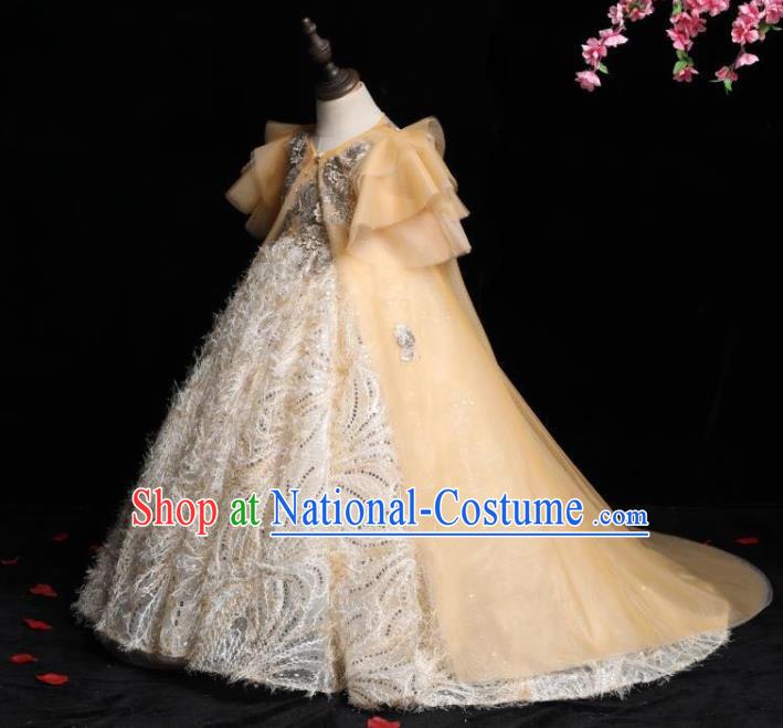 Top Girl Catwalks Beige Feather Trailing Evening Dress Princess Fashion Garment Children Stage Show Formal Clothing