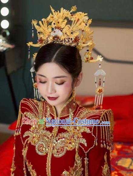 Chinese Ming Dynasty Empress Hair Accessories Ancient Bride Golden Phoenix Coronet Classical Jade Hairpins Handmade Wedding Headpieces