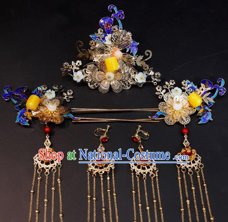 Chinese Traditional Hanfu Hair Accessories Ancient Cloisonne Hair Crown Classical Tassel Hairpins Handmade Wedding Headdress