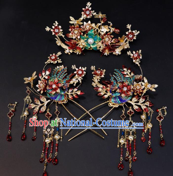 Chinese Handmade Wedding Headdress Traditional XiuHe Hair Accessories Ancient Cloisonne Hair Crown Classical Tassel Hairpins