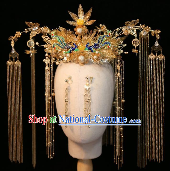 Chinese Classical Golden Phoenix Coronet Handmade Wedding Headdress Traditional XiuHe Hair Accessories Ancient Bride Cloisonne Hair Crown