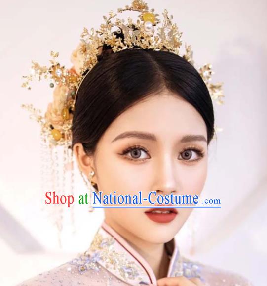 Chinese Ancient Bride Golden Hair Crown Classical Tassel Hairpins Handmade Wedding Headdress Traditional XiuHe Hair Accessories