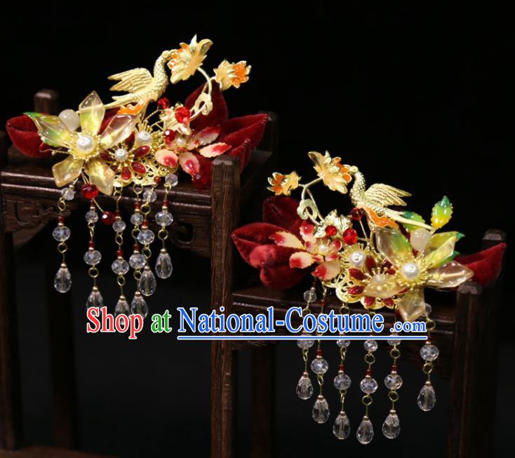 China Handmade Wedding Hair Accessories Traditional Hanfu Hairpins Ancient Bride Golden Crane Hair Sticks