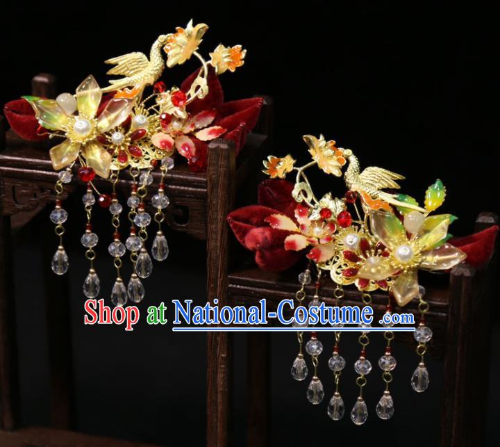 China Handmade Wedding Hair Accessories Traditional Hanfu Hairpins Ancient Bride Golden Crane Hair Sticks