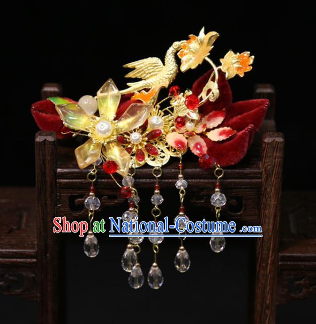 China Handmade Wedding Hair Accessories Traditional Hanfu Hairpins Ancient Bride Golden Crane Hair Sticks