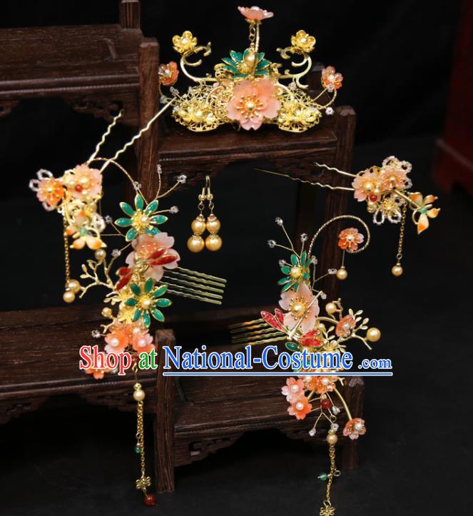 Chinese Traditional XiuHe Hair Accessories Ancient Bride Enamel Hair Combs Classical Tassel Hairpins Handmade Wedding Headdress