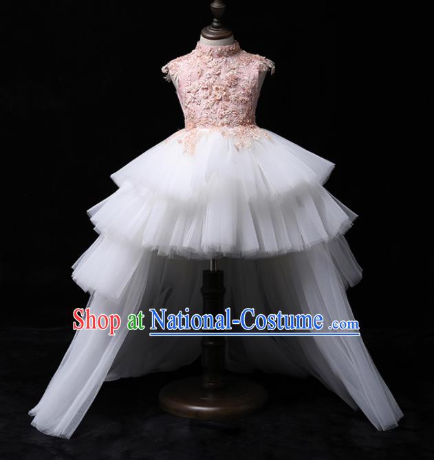 Top Children Birthday Formal Clothing Girl Catwalks White Veil Trailing Evening Dress Princess Fashion Garment