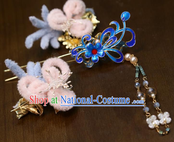 China Handmade Ming Dynasty Wedding Hair Accessories Traditional Hanfu Tassel Hairpin Ancient Bride Cloisonne Hair Stick