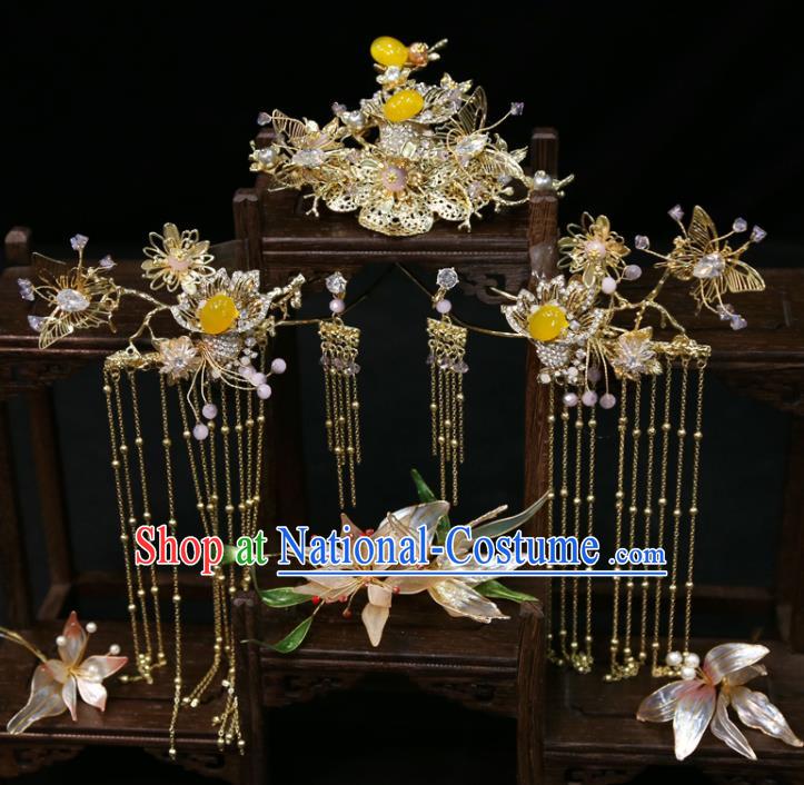 Chinese Handmade Wedding Headdress Traditional XiuHe Hair Accessories Ancient Bride Golden Hair Comb Classical Tassel Hairpins