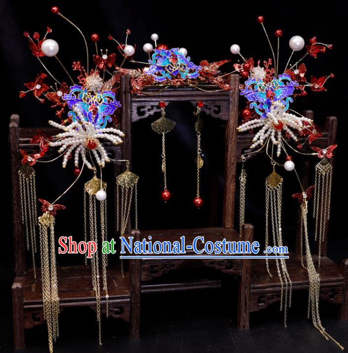 Chinese Handmade Wedding Headpieces Ming Dynasty Hair Accessories Ancient Bride Hair Comb Classical Cloisonne Hairpins