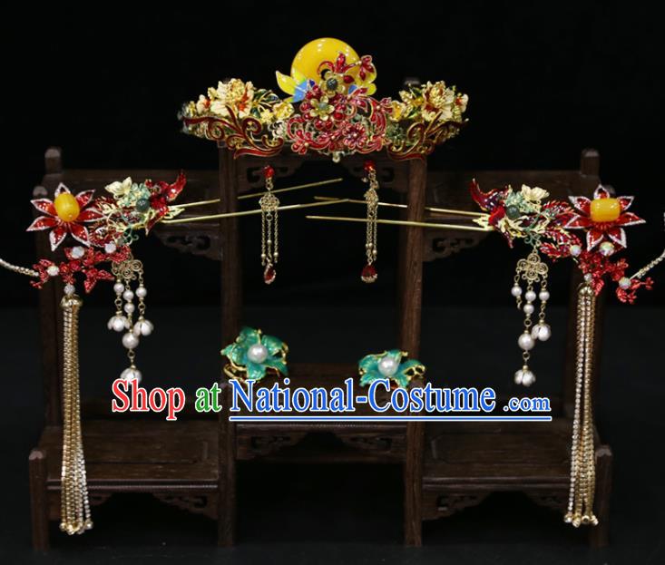 Chinese Classical Tassel Hairpins Handmade Wedding Headdress Traditional XiuHe Hair Accessories Ancient Bride Cloisonne Red Hair Crown Full Set