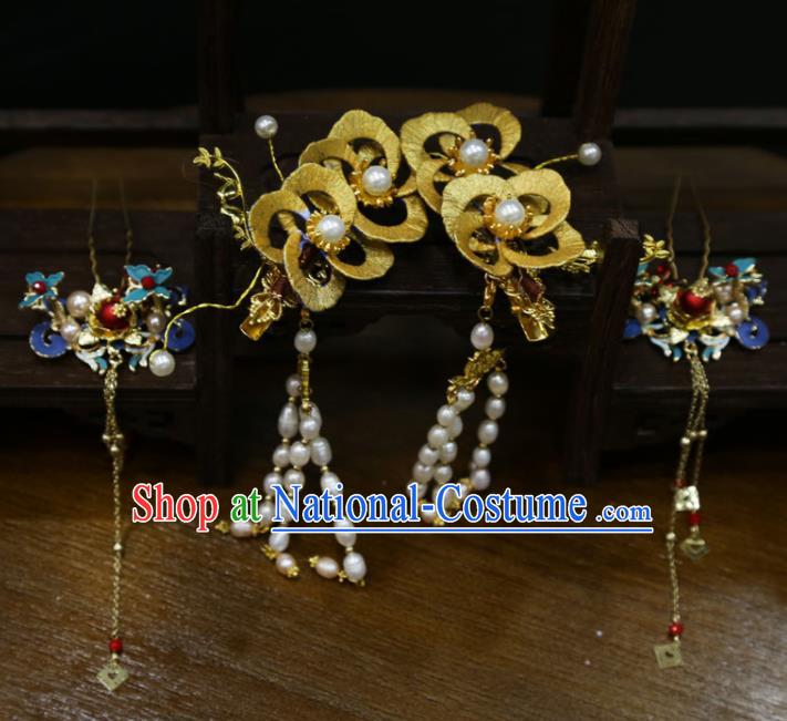 China Handmade Ming Dynasty Wedding Hair Accessories Traditional Hanfu Cloisonne Tassel Hairpin Ancient Bride Silk Flowers Hair Sticks