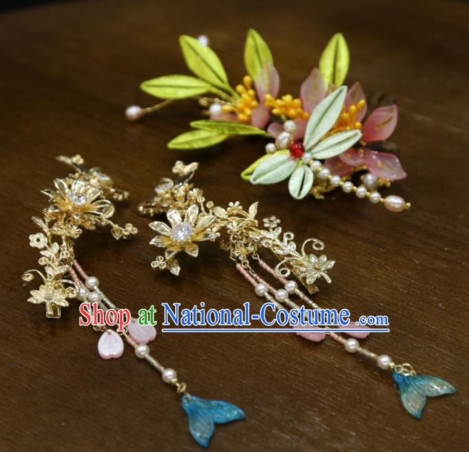 China Traditional Hanfu Tassel Hairpins Ancient Bride Silk Dragonfly Hair Comb Handmade Ming Dynasty Wedding Hair Accessories