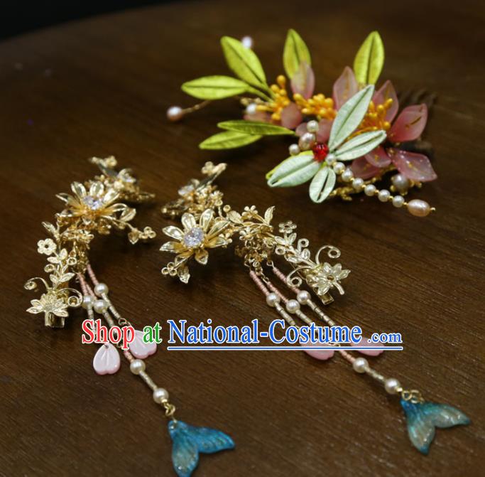 China Traditional Hanfu Tassel Hairpins Ancient Bride Silk Dragonfly Hair Comb Handmade Ming Dynasty Wedding Hair Accessories