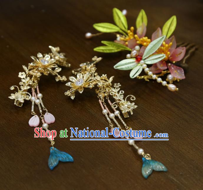 China Traditional Hanfu Tassel Hairpins Ancient Bride Silk Dragonfly Hair Comb Handmade Ming Dynasty Wedding Hair Accessories