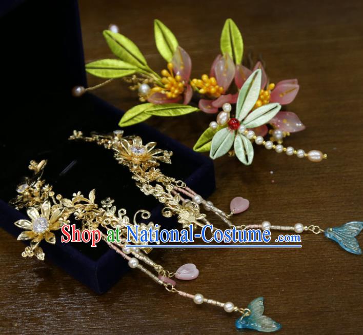 China Traditional Hanfu Tassel Hairpins Ancient Bride Silk Dragonfly Hair Comb Handmade Ming Dynasty Wedding Hair Accessories