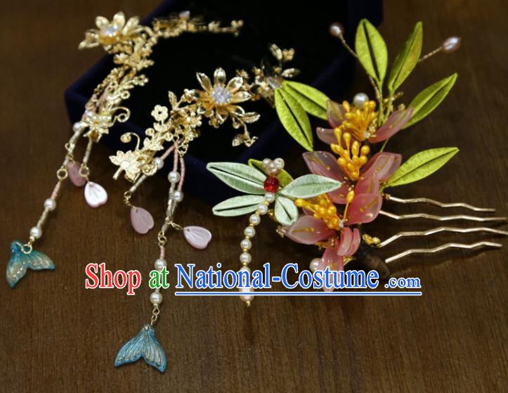 China Traditional Hanfu Tassel Hairpins Ancient Bride Silk Dragonfly Hair Comb Handmade Ming Dynasty Wedding Hair Accessories