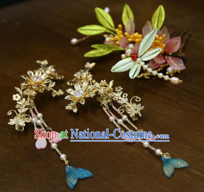 China Traditional Hanfu Tassel Hairpins Ancient Bride Silk Dragonfly Hair Comb Handmade Ming Dynasty Wedding Hair Accessories