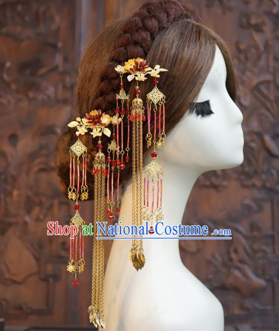 Chinese Ancient Bride Golden Lotus Hairpin Classical Hair Clasp Handmade Wedding Headdress Traditional XiuHe Hair Accessories