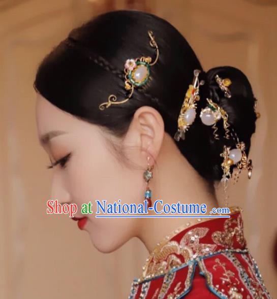 Chinese Handmade Wedding Headpieces Traditional XiuHe Hair Accessories Ancient Bride Jade Hairpins Classical Hair Combs Complete Set