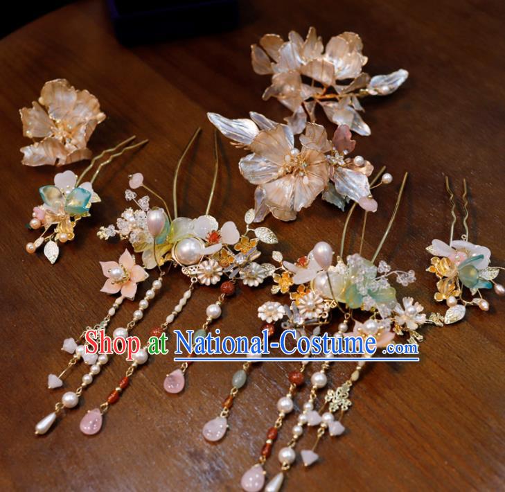 Chinese Classical Flowers Hair Comb Handmade Wedding Headpieces Traditional XiuHe Hair Accessories Ancient Bride Pearls Tassel Hairpins Complete Set