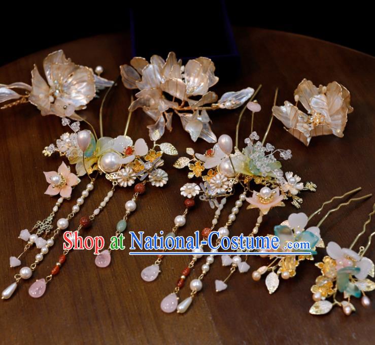 Chinese Classical Flowers Hair Comb Handmade Wedding Headpieces Traditional XiuHe Hair Accessories Ancient Bride Pearls Tassel Hairpins Complete Set