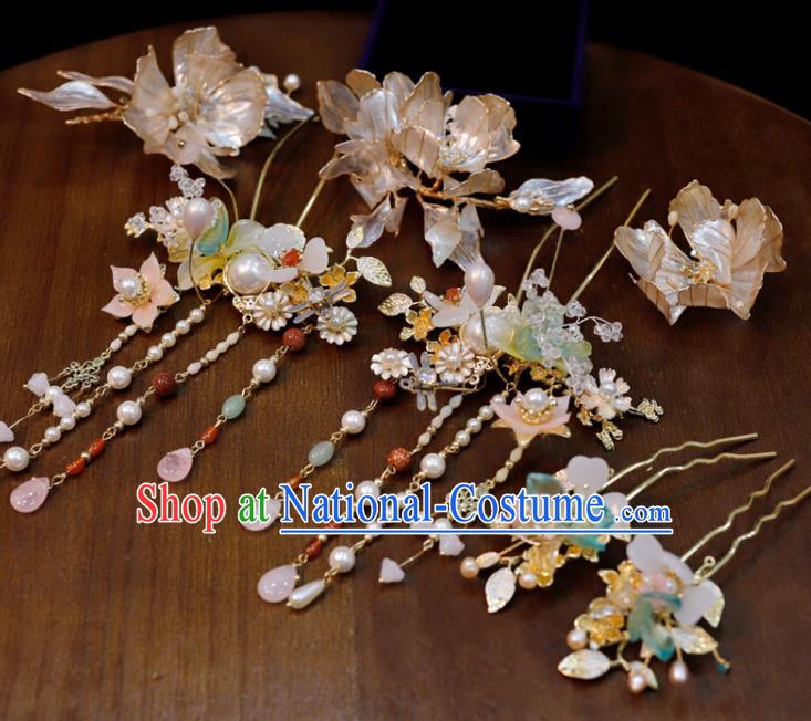 Chinese Classical Flowers Hair Comb Handmade Wedding Headpieces Traditional XiuHe Hair Accessories Ancient Bride Pearls Tassel Hairpins Complete Set