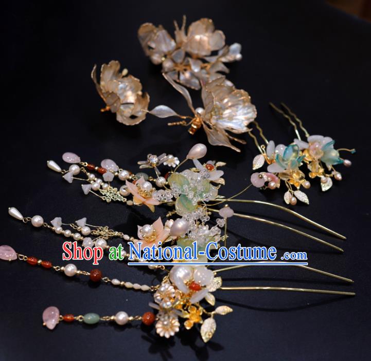 Chinese Classical Flowers Hair Comb Handmade Wedding Headpieces Traditional XiuHe Hair Accessories Ancient Bride Pearls Tassel Hairpins Complete Set