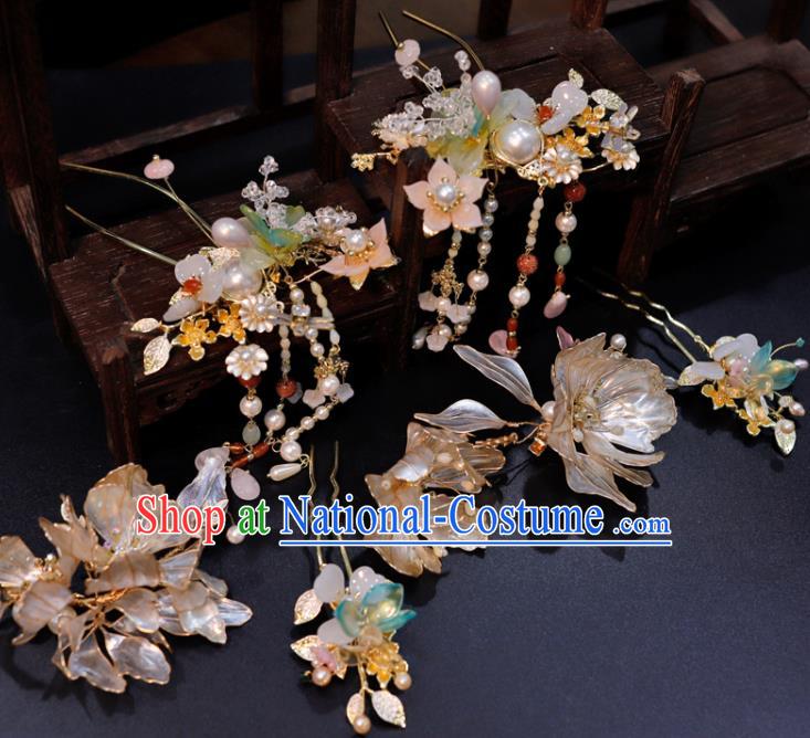 Chinese Classical Flowers Hair Comb Handmade Wedding Headpieces Traditional XiuHe Hair Accessories Ancient Bride Pearls Tassel Hairpins Complete Set