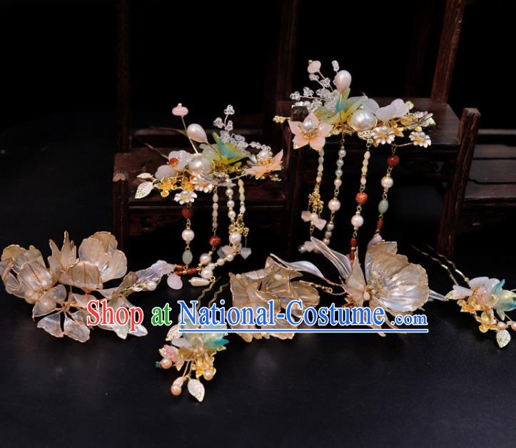 Chinese Classical Flowers Hair Comb Handmade Wedding Headpieces Traditional XiuHe Hair Accessories Ancient Bride Pearls Tassel Hairpins Complete Set