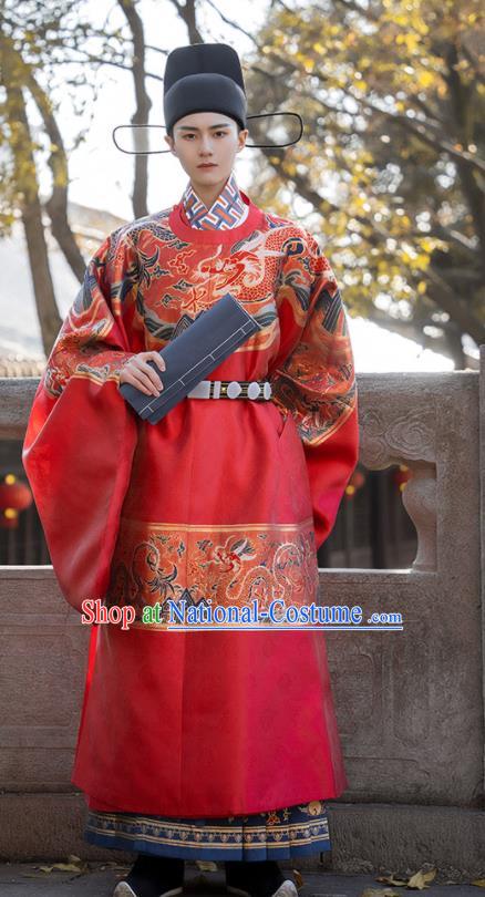 China Ancient Young Male Garment Costume Ming Dynasty Red Official Robe Traditional Wedding Historical Clothing