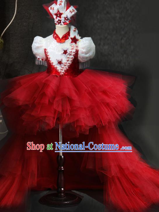 Top Catwalks Red Veil Trailing Dress Christmas Stage Show Fashion Children Day Performance Clothing Girl Chorus Garment