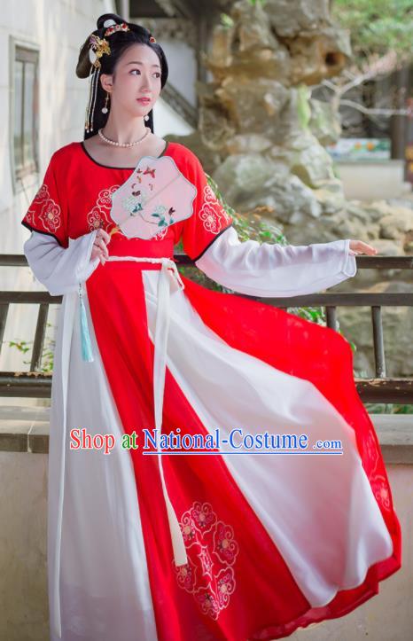 China Ancient Young Beauty Red Hanfu Dress Tang Dynasty Civilian Lady Garment Costumes Traditional Court Dance Historical Clothing