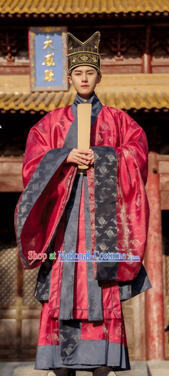 China Traditional Ceremony Historical Clothing Ancient Scholar Garment Costume Ming Dynasty Red Official Robe