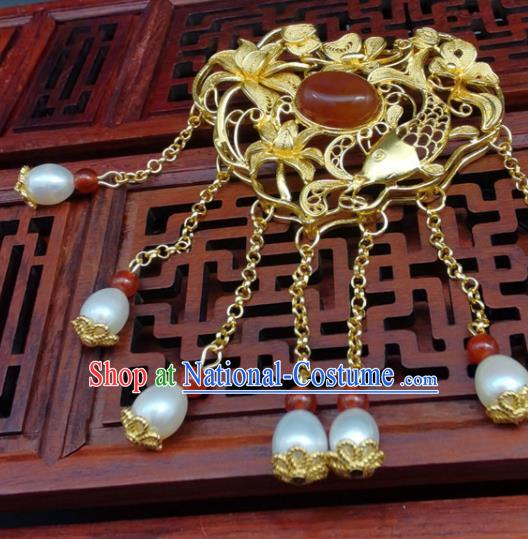 Chinese Ming Dynasty Golden Necklace Handmade Longevity Lock Classical Hanfu Tassel Necklet Pendant