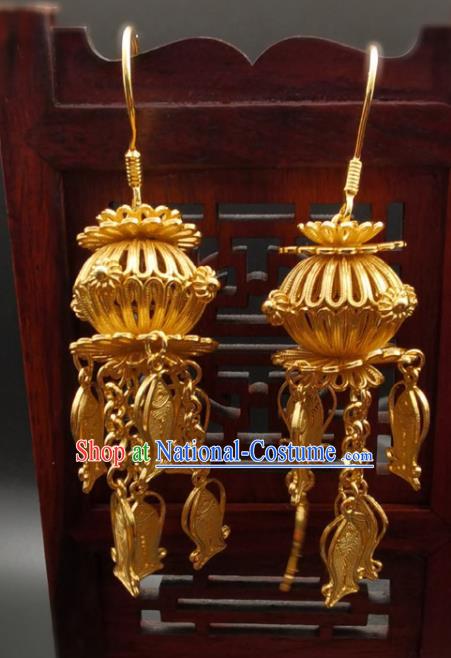 Handmade China Wedding Earrings Classical Golden Lantern Ear Accessories Ming Dynasty Gilding Silver Fish Tassel Ear Jewelry