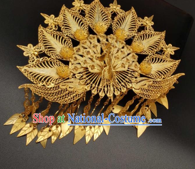 China Ancient Empress Hair Crown Classical Hanfu Headpiece Handmade Hair Accessories Traditional Gilding Silver Peacock Hairpin