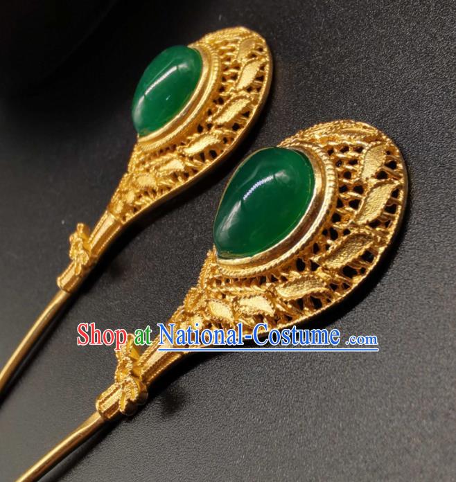 China Handmade Hair Accessories Traditional Gilding Silver Hairpin Ancient Empress Chrysoprase Hair Stick Classical Hanfu Headpiece