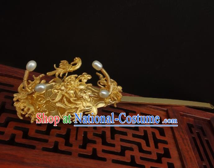 Chinese Handmade Ming Dynasty Headpiece Traditional Wedding Hair Accessories Ancient Empress Pearls Hairpin Classical Gilding Hair Stick