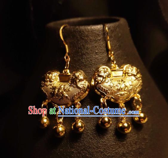 Handmade China Wedding Golden Lock Earrings Classical Gilding Ear Accessories Cheongsam Silver Ear Jewelry