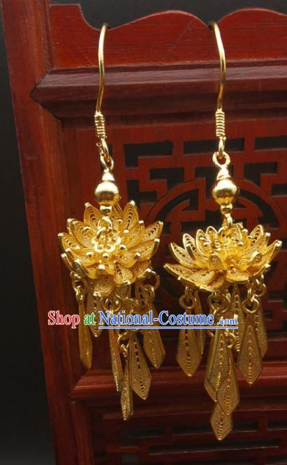 Handmade China Classical Gilding Ear Accessories Ming Dynasty Silver Ear Jewelry Wedding Golden Lotus Earrings