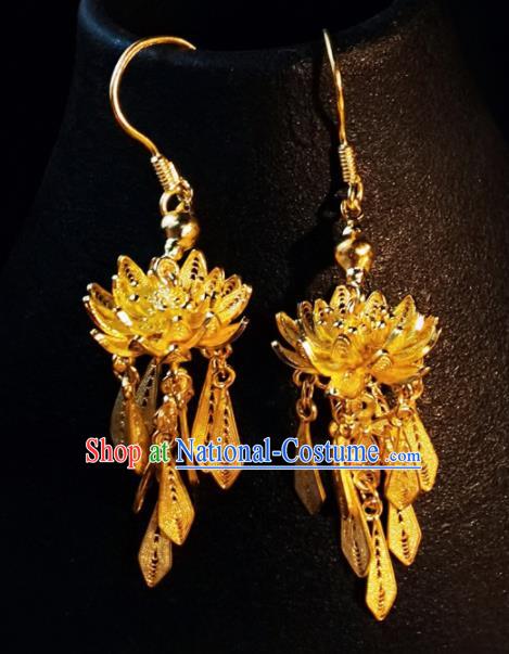 Handmade China Classical Gilding Ear Accessories Ming Dynasty Silver Ear Jewelry Wedding Golden Lotus Earrings