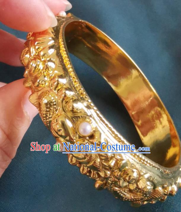 Chinese Classical Wristlet Accessories Ming Dynasty Gilding Bracelet Handmade Wedding Silver Carving Dragon Bangle