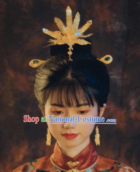 Chinese Handmade Ming Dynasty Headpiece Traditional Wedding Hair Accessories Ancient Princess Gilding Phoenix Hairpin Classical Tassel Hair Crown